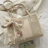 Trendy Lightweight Casual Bow Decor Straw Knitted Bag